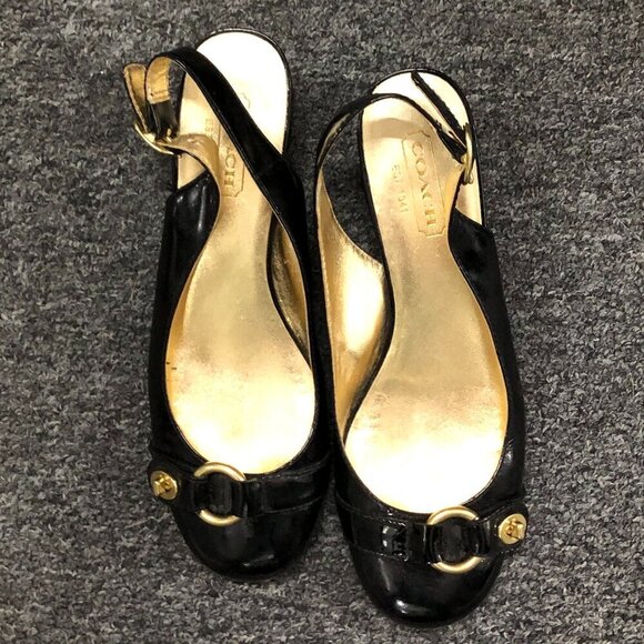 Coach Patent Leather Octava Low Heels Slingback Turnlock Black Size 7.5 - Picture 2 of 14